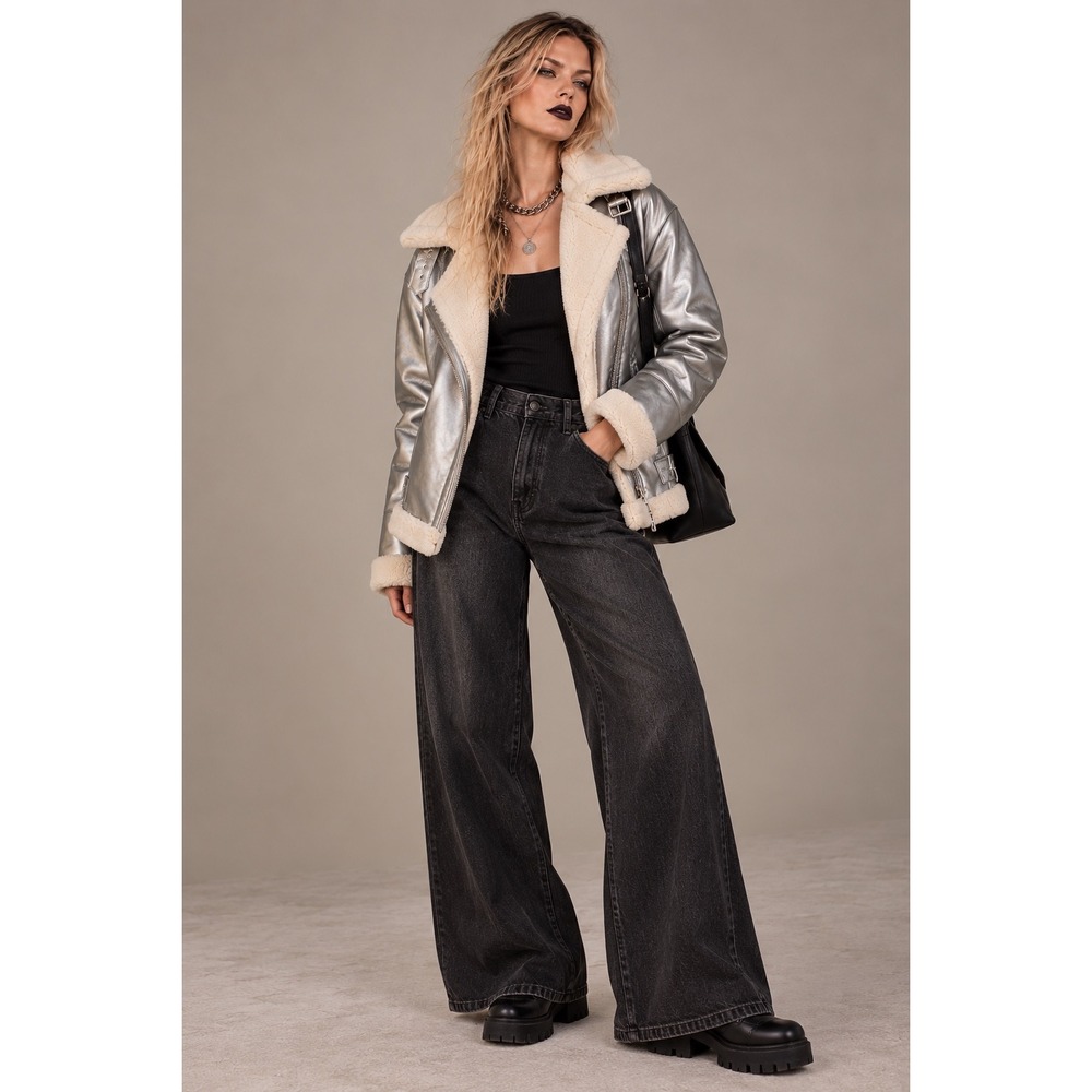Warehouse Silver Faux Shearling Moto Jacket Metallic Size 4